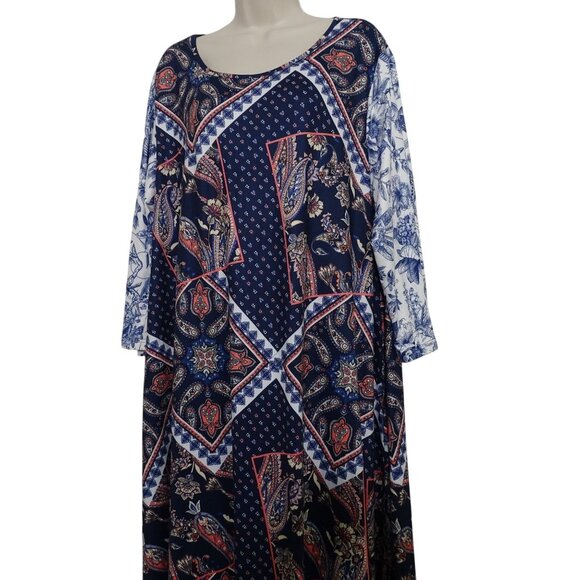 Nuggles Paisley Print Boho Maxi Dress Modest Navy Blue Women Size 2X 3/4 Sleeve - Picture 2 of 8